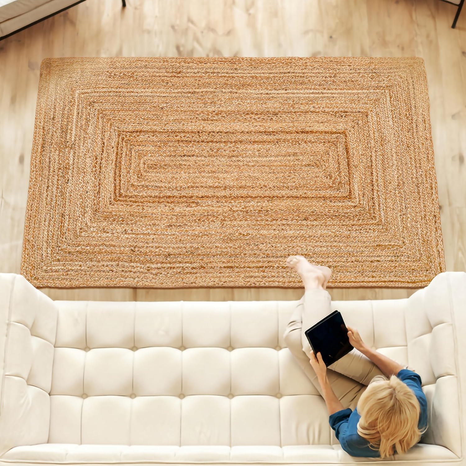 Hand Woven Jute Area Rug - 3' x 5' Feet - Rustic Beige Reversible Rectangular Rugs for Bedroom, Kitchen, Living Room - Vintage Natural Braided Entry Floor Décor Boho 3x5 Jute Rug