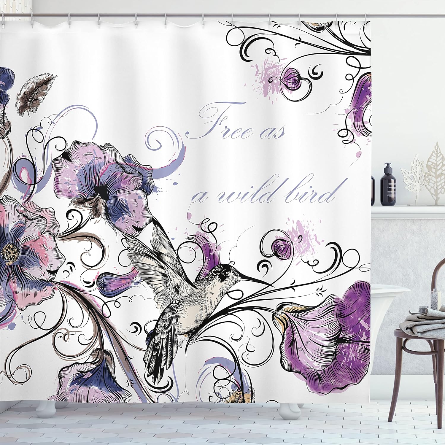 Ambesonne Hummingbird Shower Curtain, Flowers Leaves Bird and Classic Patterns Curvy Lines Ornament Nostalgic Art, Cloth Fabric Bathroom Decor Set with Hooks, 69" W x 84" L, Purple Black