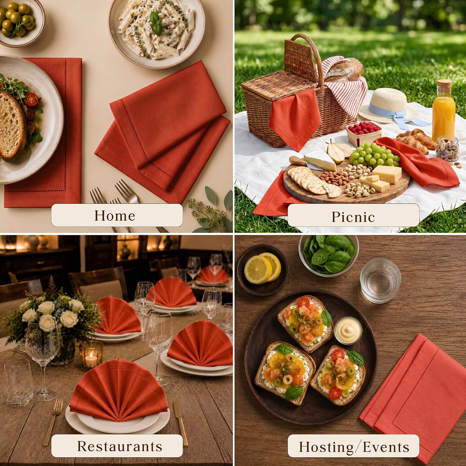 CLOUDLOOM Hemstitch Cotton Cloth Napkins, Orange, Set of 12, 18"x18"