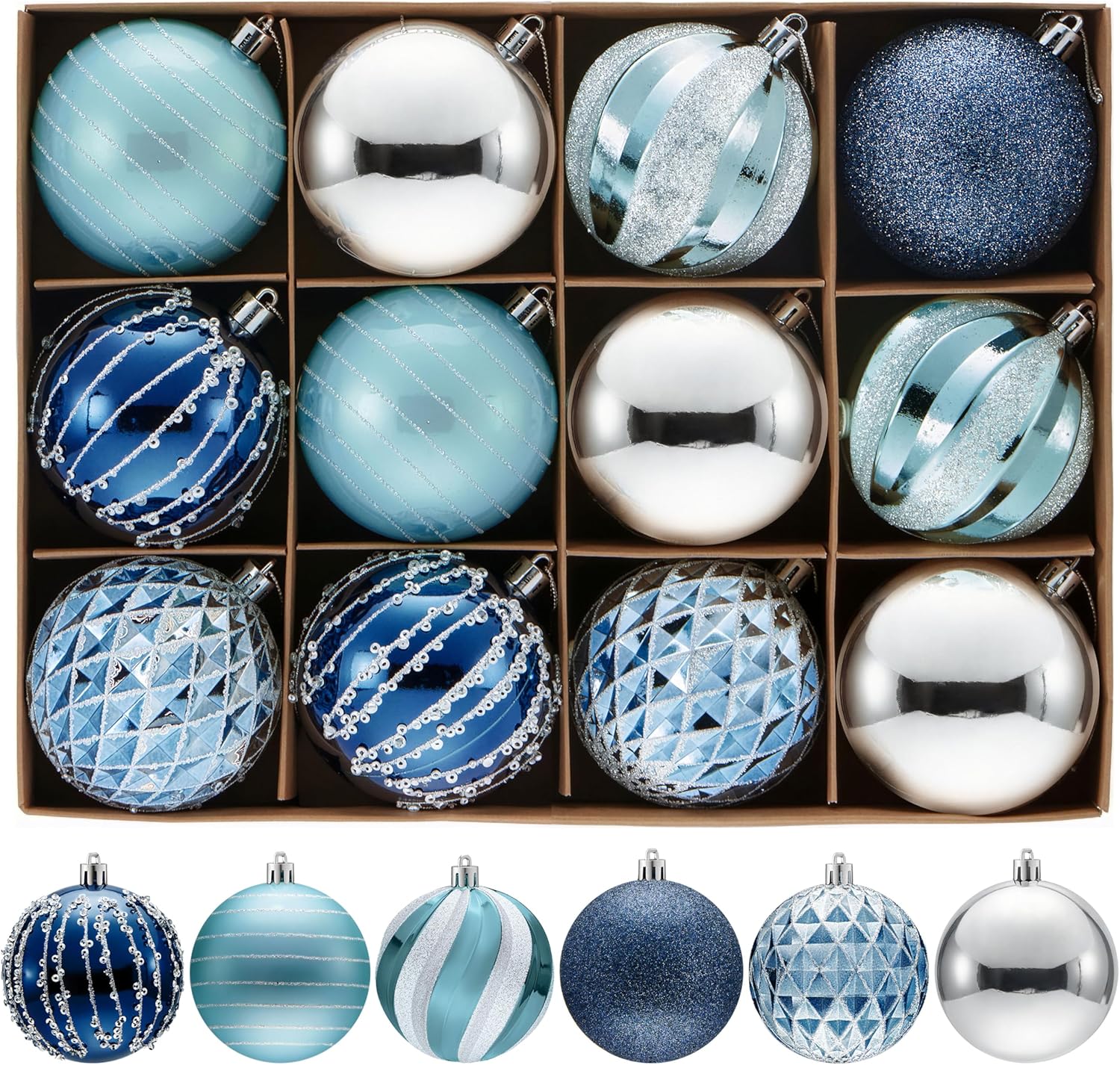 JOYIN 12 Pcs Blue Silve Christmas Balls Ornaments Set, 3.15'' Glittering Tree Hanging Christmas Decorations, Xmas Large Shatterproof Indoor Decor for Tree Wreath Holidays Wedding Party Blue&silve