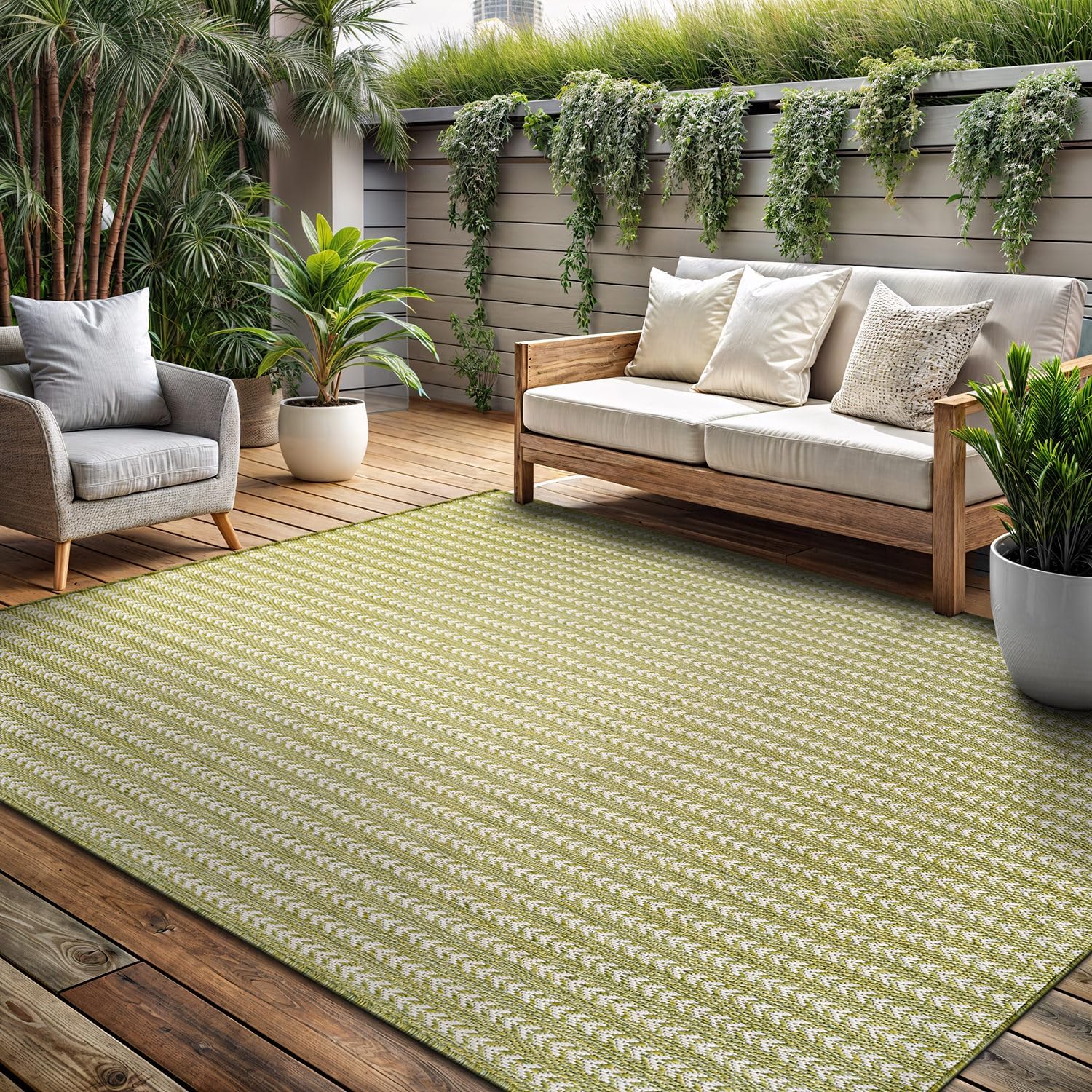 Washable Outdoor Rug 6x9 Modern Area Rugs Outdoor Carpets Striped Pattern Non Shedding Waterproof Easy Clean Patio Deck Porch Living Room Bedroom Garden RV (6 X 9 Olive)