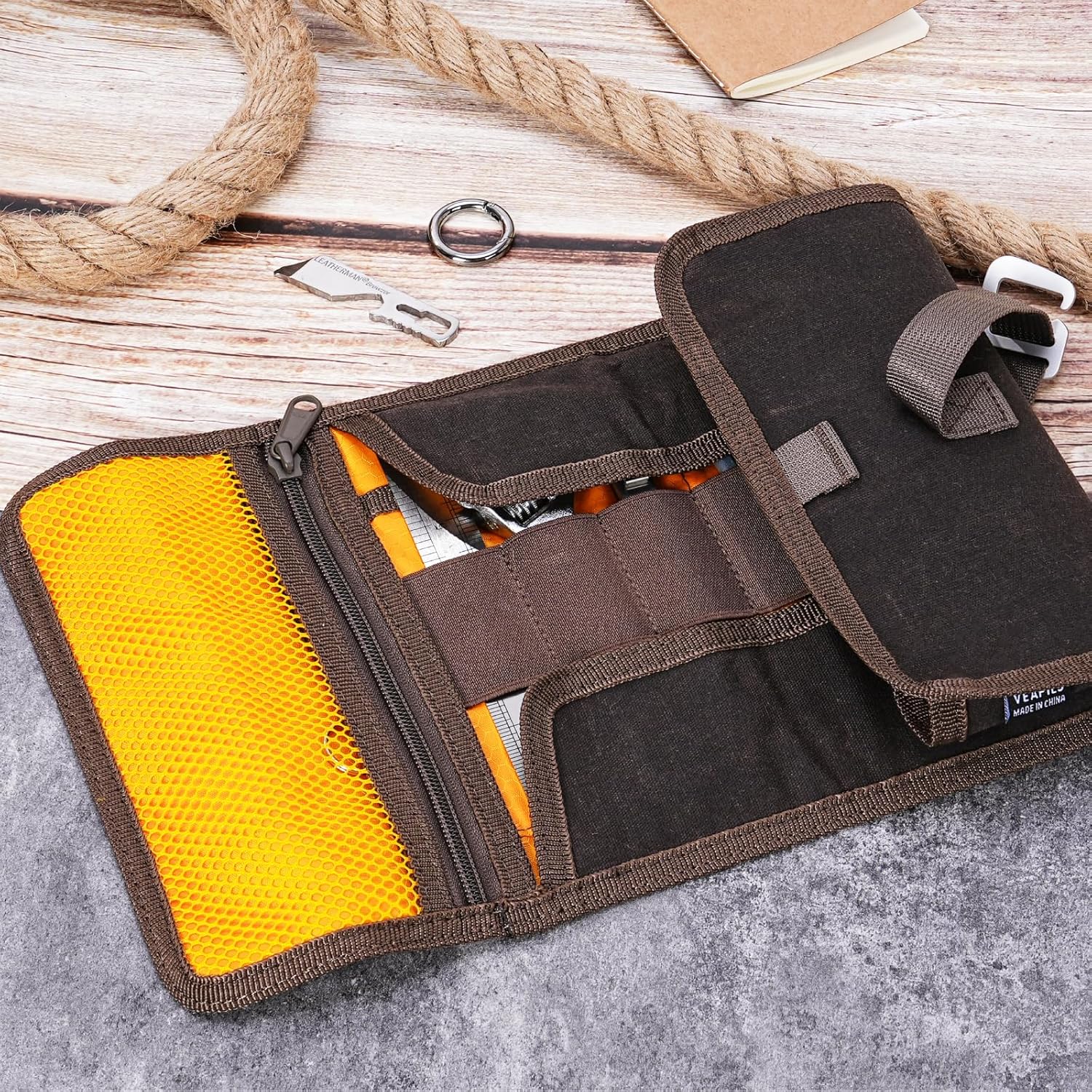 Roll Up Tool Bag Organizer, Small Tool Roll for Pen Lovers & Tech, Waxed Canvas Tool Pouch Pen Bag Pen Case Organizer, Multi-Pocket with Elastic Loops for Pencils, Art Supply, Hard Drives - EDC Bag