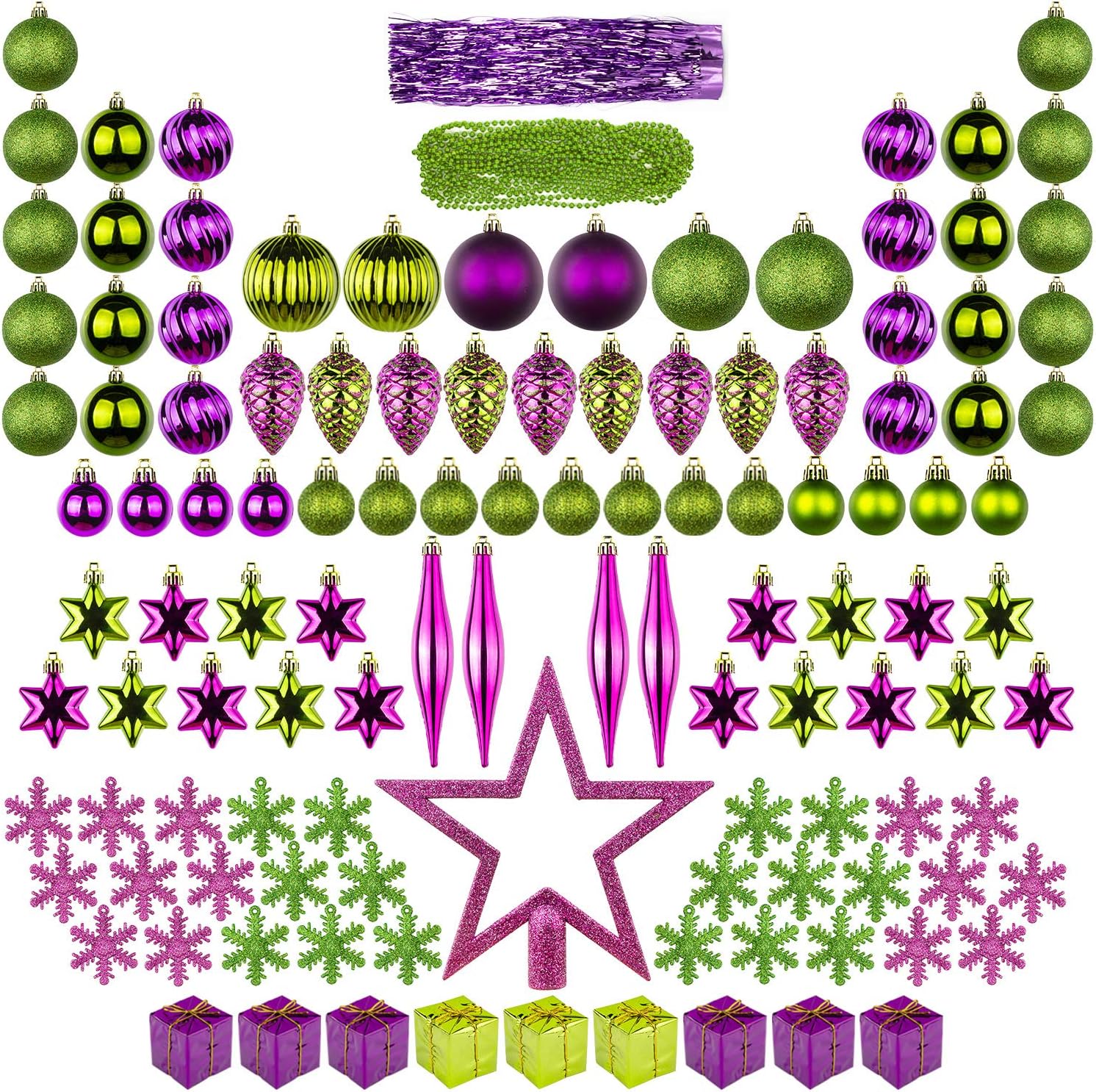 ITART 122ct Christmas Tree Decorations Full Set Christmas Baubles Ornaments Assorted Ornaments Including Topper, Snowflakes, Beads, Tinsel, Mini Gife Boxes, Pine Cones, Teardrop (Purple Green)