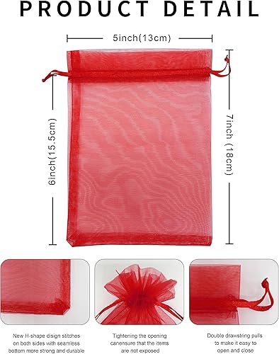 Miniatura 3 de Jexila 100 bolsas de organza roja de 5 x 7 pulgadas de malla transparente de Navidad con cordón, bolsas de regalo pequeñas para joyas, bodas,