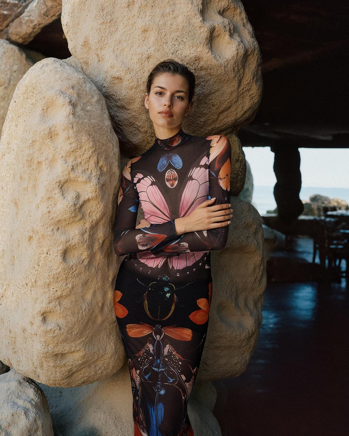 JW PEI Women's Sheer Butterfly and Beetle Gown