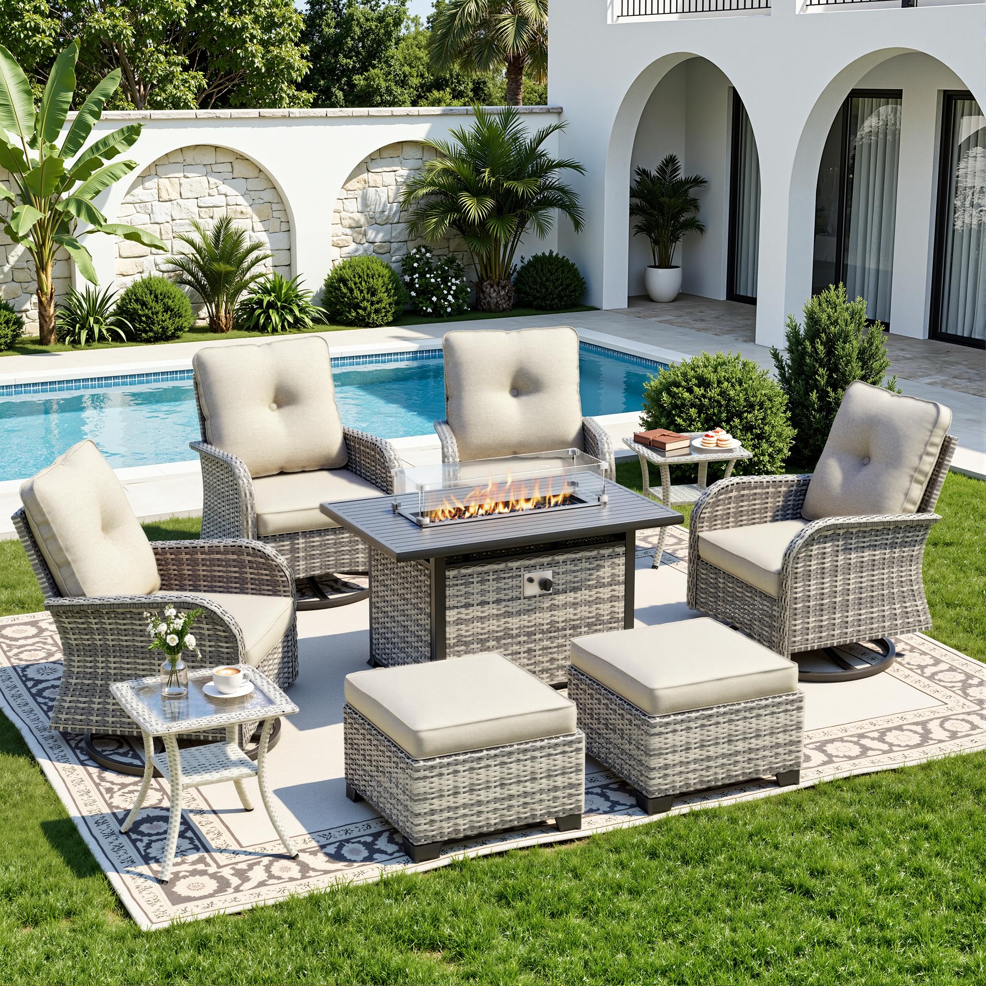 9-Piece Small Patio Furniture Set, Outdoor Swivel Rocking Chairs Set with 55,000 BTU Fire Pit Table Wicker Chairs and Ottomans, Patio Bistro Set for Balcony, Deck, Porch, Ivory
