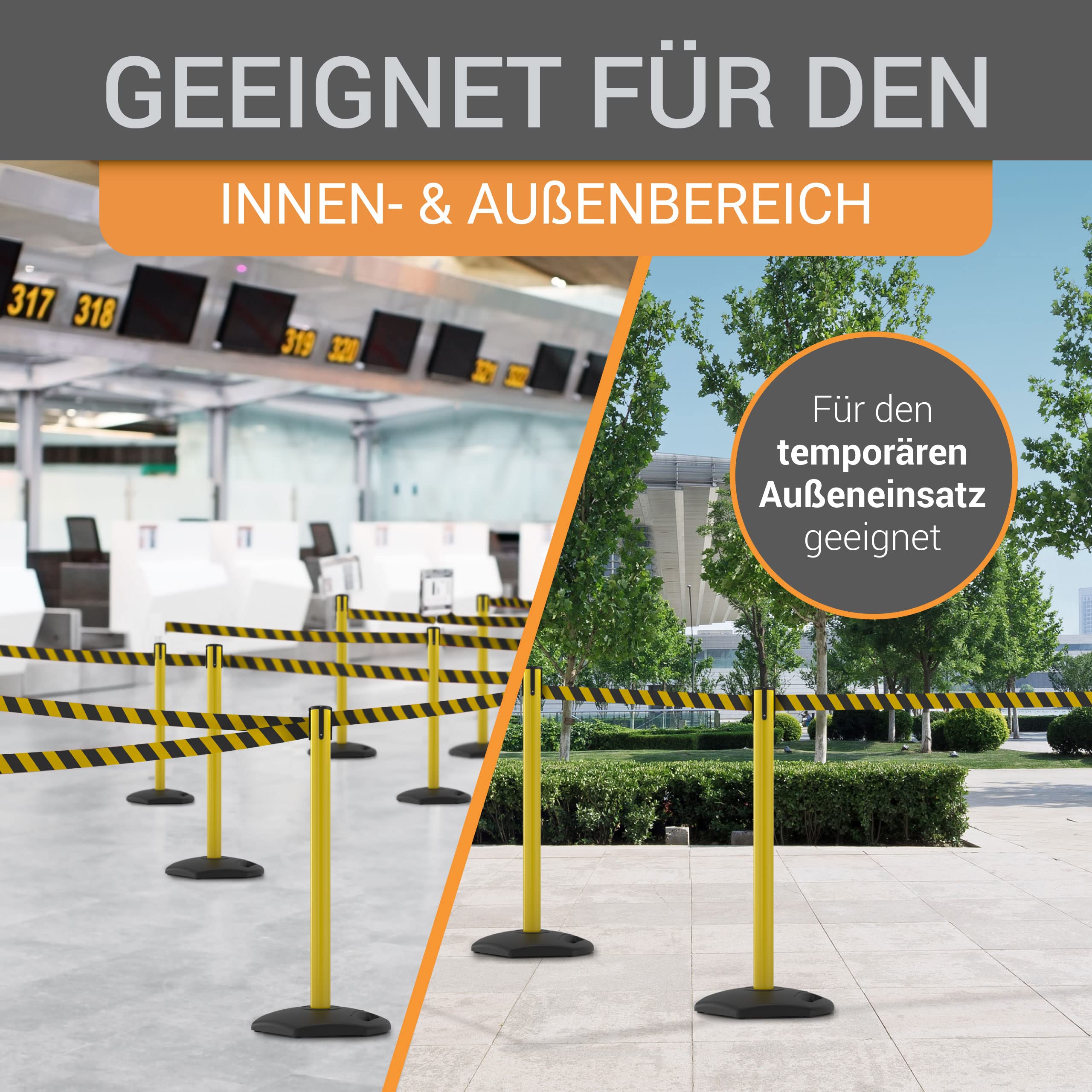 wolk Gurtpfosten 4er Set Gelb 3 m, Absperrpfosten Personenleitsystem | 4 Kunststoff Absperrständer mit 3 m gelb-schwarzem Gurtband für Sicherheitsbereiche, Baustellen und Veranstaltungen