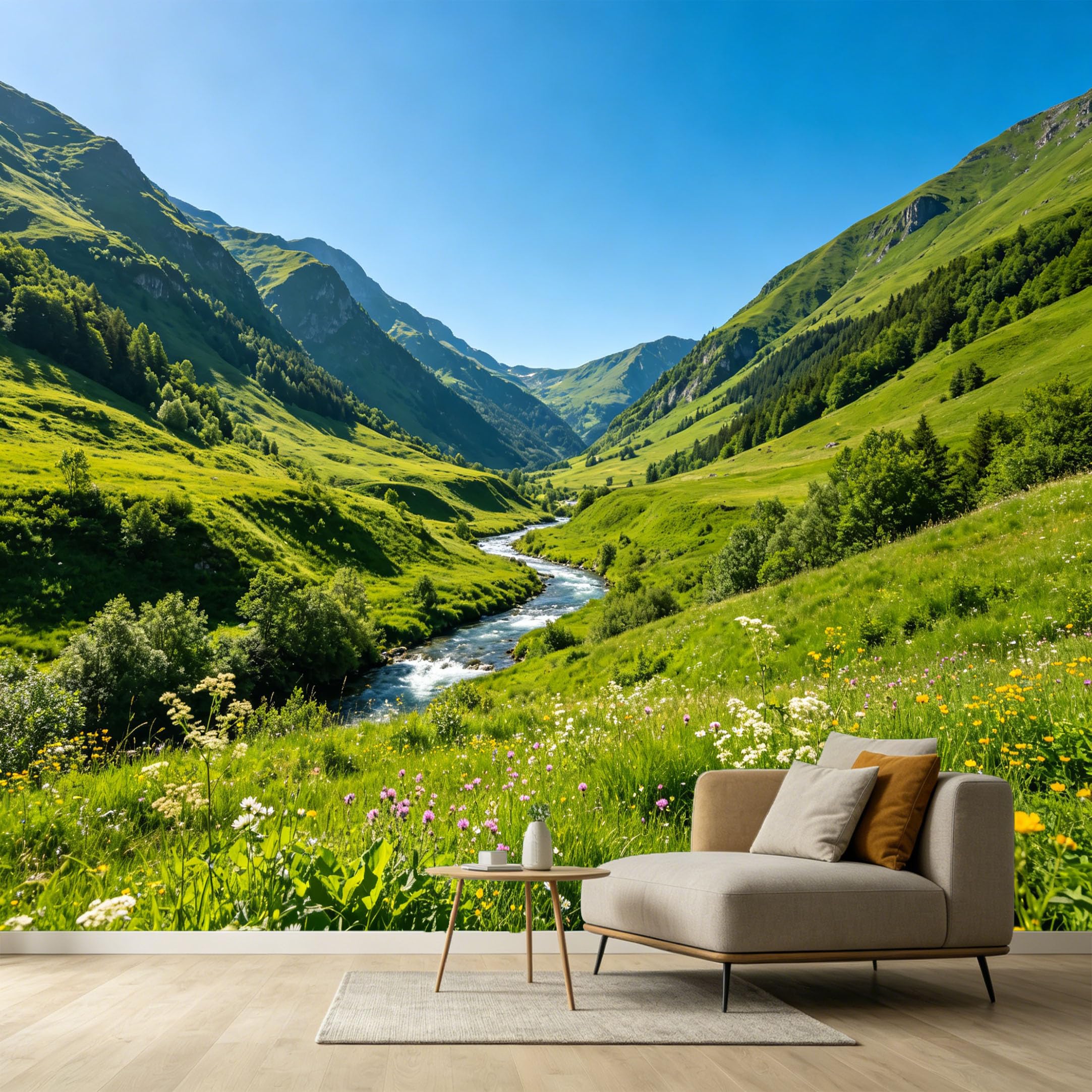 Custom Size Wall Murals Mountain Lake Landscape Forest Nature Wildflowers Scenic View SelfAdhesive Wall Fabric Removable Large Wallpaper for Photo Living Room