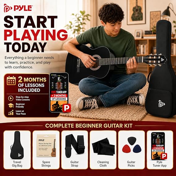 Pyle 36-Inch Beginner Classical Acoustic Guitar Kit, 3/4 Size Junior Nylon String Guitar for Kids and Adults, Includes Gig Bag, Strap, Spare Strings, Picks, Cleaning Cloth, 18 Frets, Black