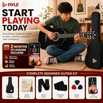 Pyle 36-Inch Beginner Classical Acoustic Guitar Kit, 3/4 Size Junior Nylon String Guitar for Kids and Adults, Includes Gig Bag, Strap, Spare Strings, Picks, Cleaning Cloth, 18 Frets, Black