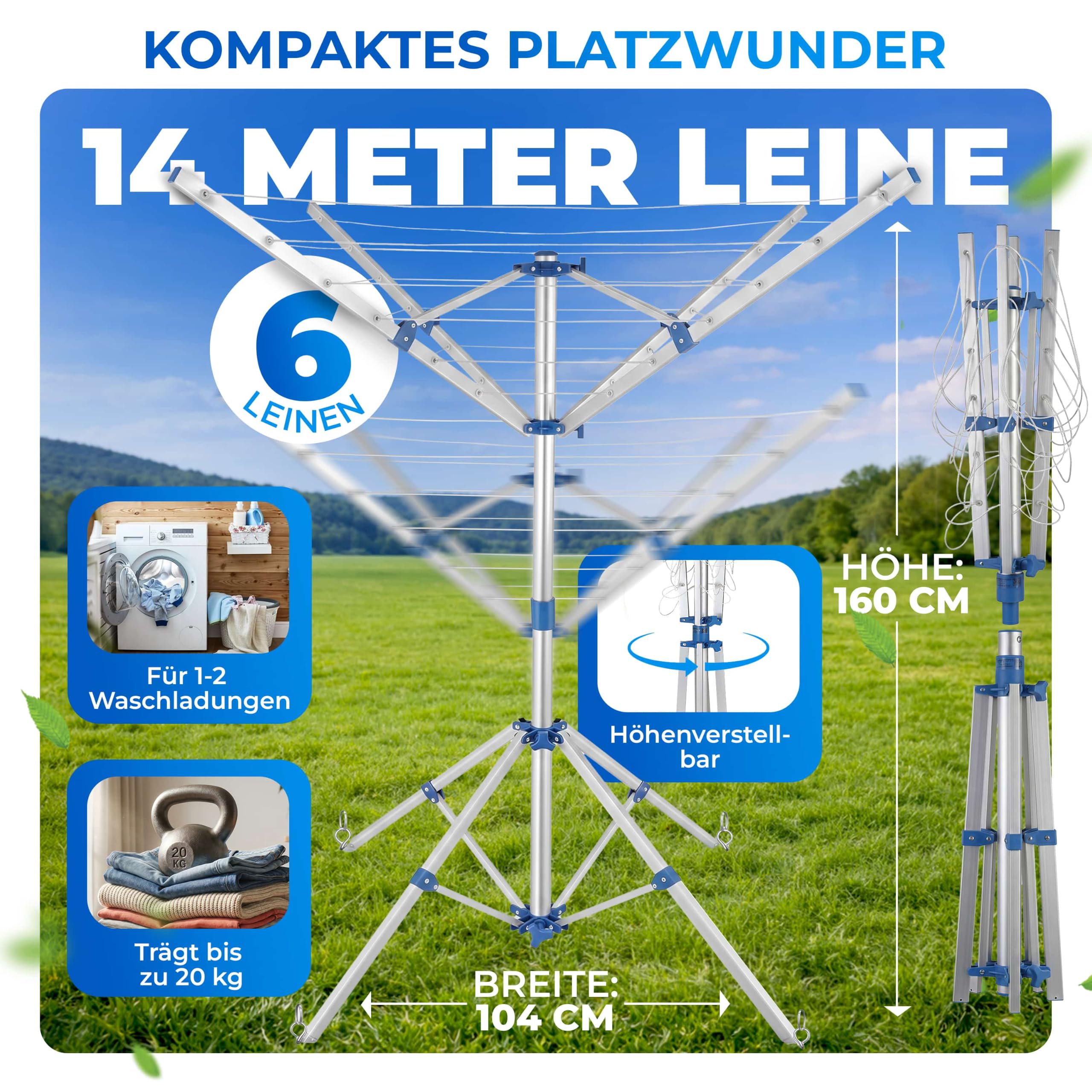 Monzana Wäschespinne Höhenverstellbar Camping Wäscheständer Wäscheleine Garten