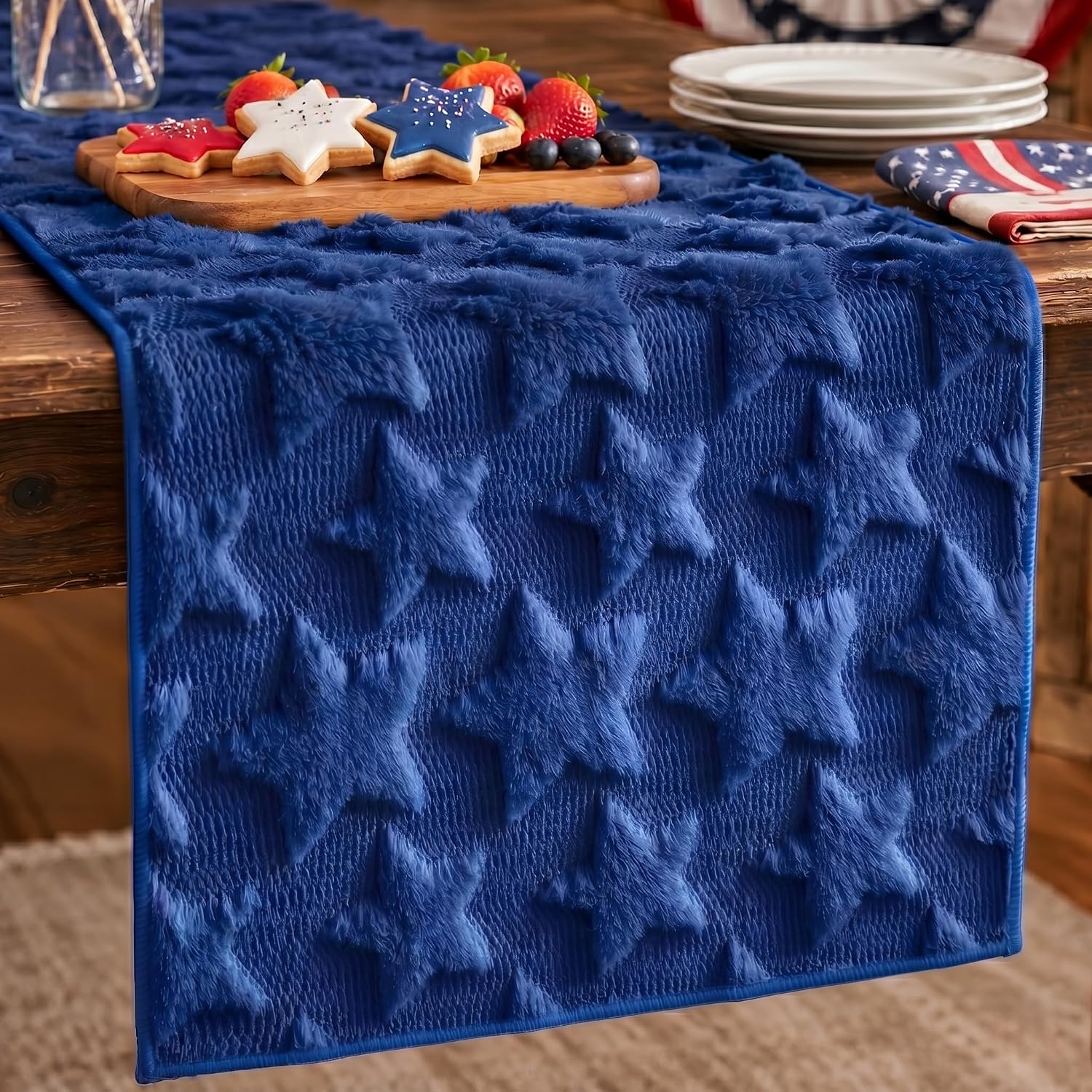 OLANRUN 4th of July Decorations, 4th of July Table Runner, Blue Stars Fourth of July Patriotic Independence Day Decor Soft Plush Faux Fur Jacquard for Indoor Home Kitchen Dining Table, 13x72 Inch