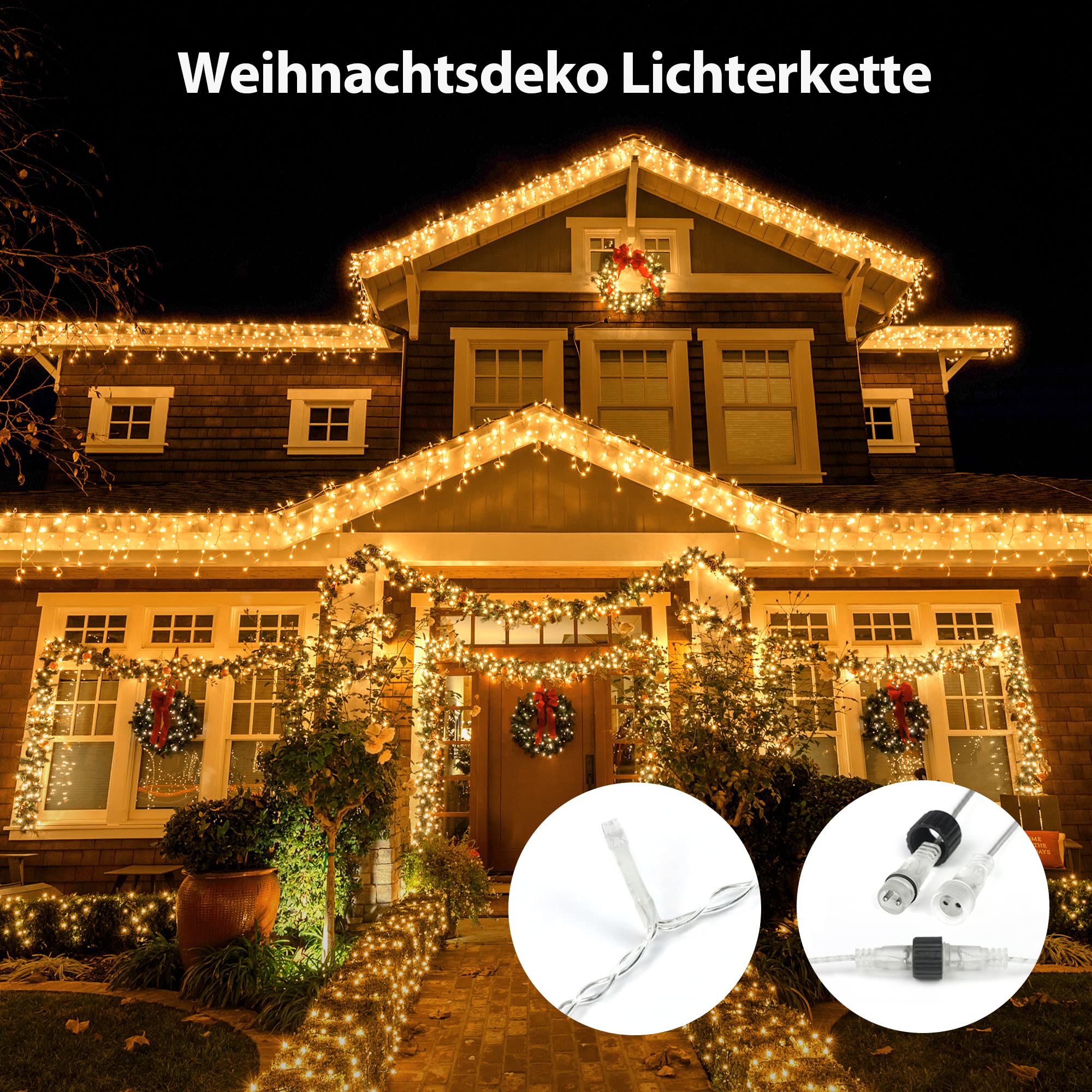 GYLEFY 10M Cortina Luces Navidad Exterior para Aleros, Blanco Cálido | 10M 400 LED, IP65 Impermeable con Temporizador, 8 Modos, Decoración Ventana, Interiores, Navidad, Fiestas, Jardín