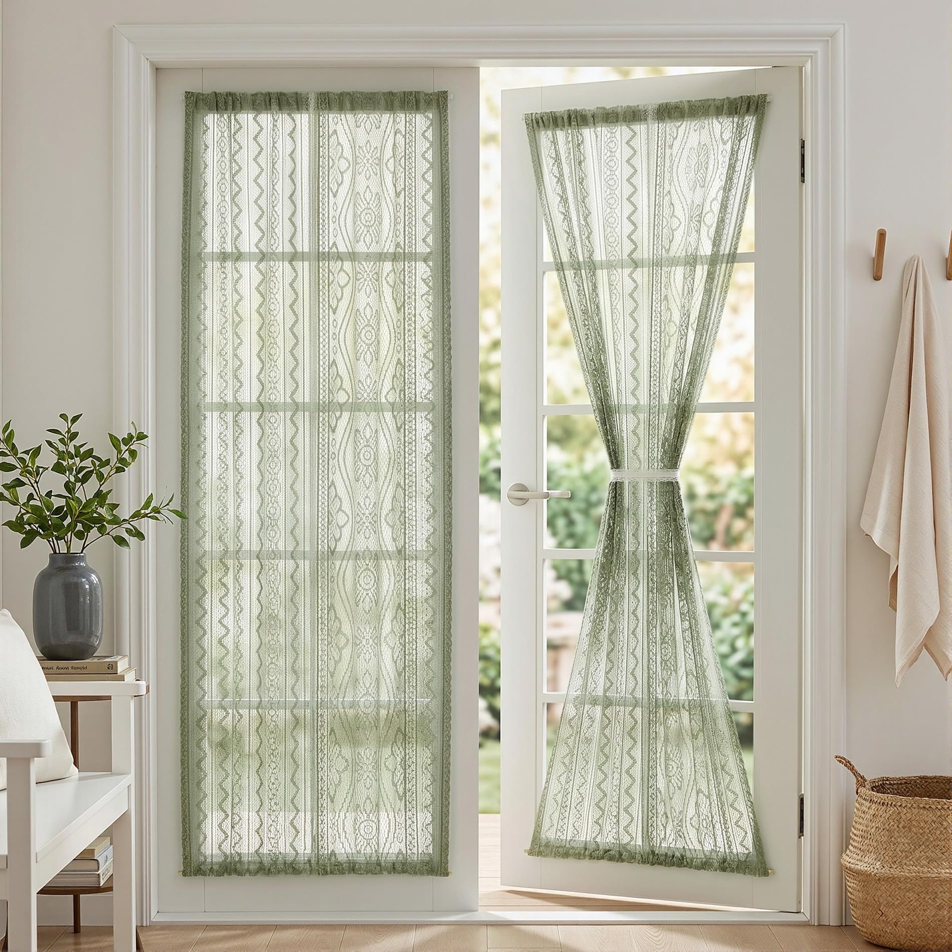 MYSKY HOME Sage Green Lace French Door Curtains 72 inch Long 2 Panels Boho Sheer Floral Curtains for Door Window Scalloped Doorway Sidelight Curtains Come with 2 Matching Tie-Backs, 26" W Each Panel