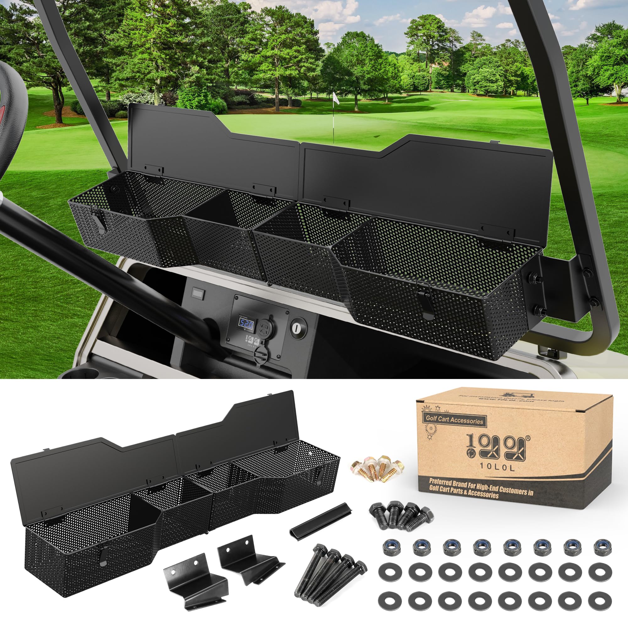 Photo 1 of 10L0L Golf Cart Front Inner Storage Basket with Cover for Club Car DS 2000-Up Models - Dashboard Organizer, Durable Storage Solution for Golf Cart Accessories