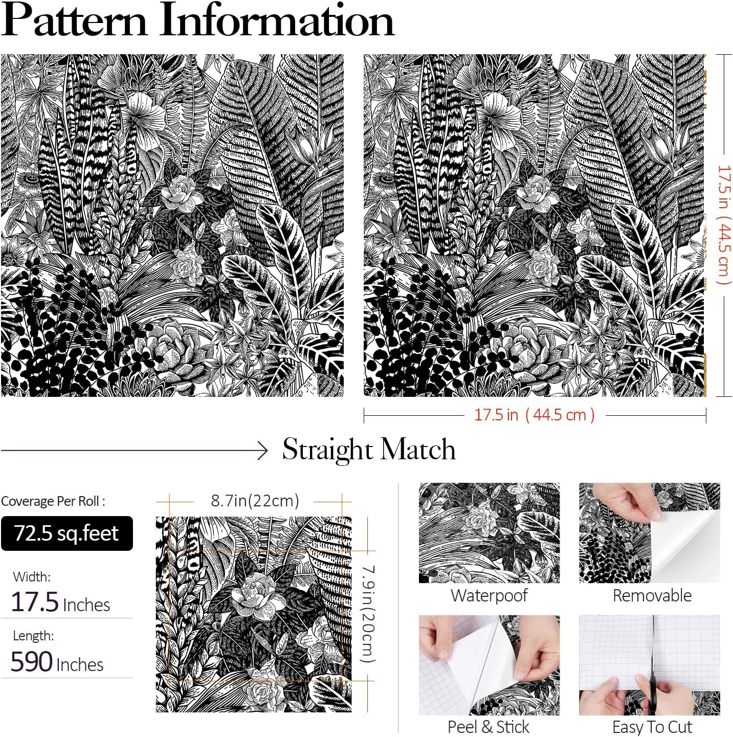 FunStick 17.5"x590" Black and White Tropical Peel and Stick Wallpaper Dark Jungle Leaves Floral Wall Paper for Bedroom Living Room Wall Mural Flower Wallpaper Removable Black Contact Paper Floral Leaf