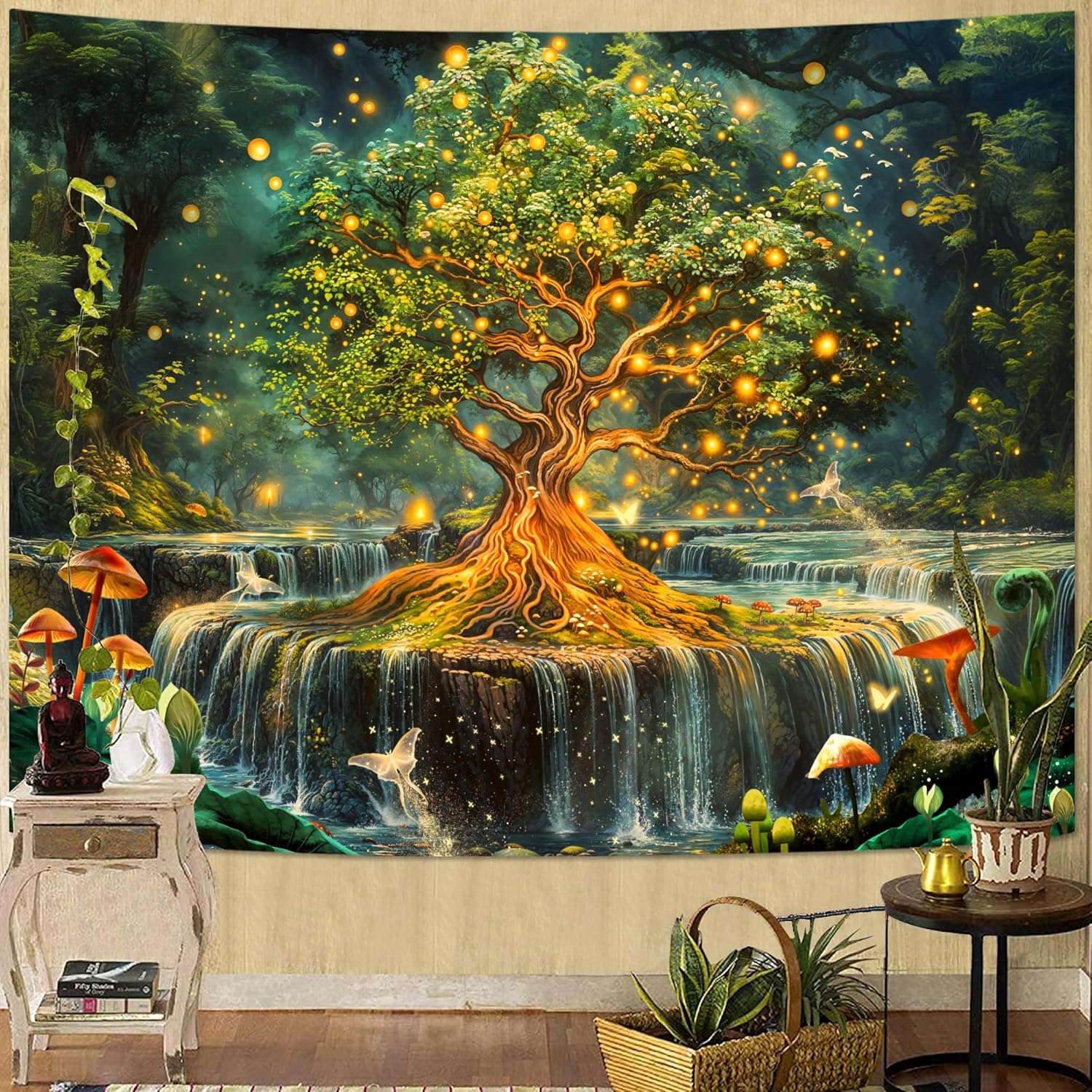 Spenlife Enchanted Tree of Life Tapestry Fantasy Tapestry for Bedroom Green and Gold Tapestries Wall Hanging Bedroom Living Room Wall Art and Home Decor 60x80