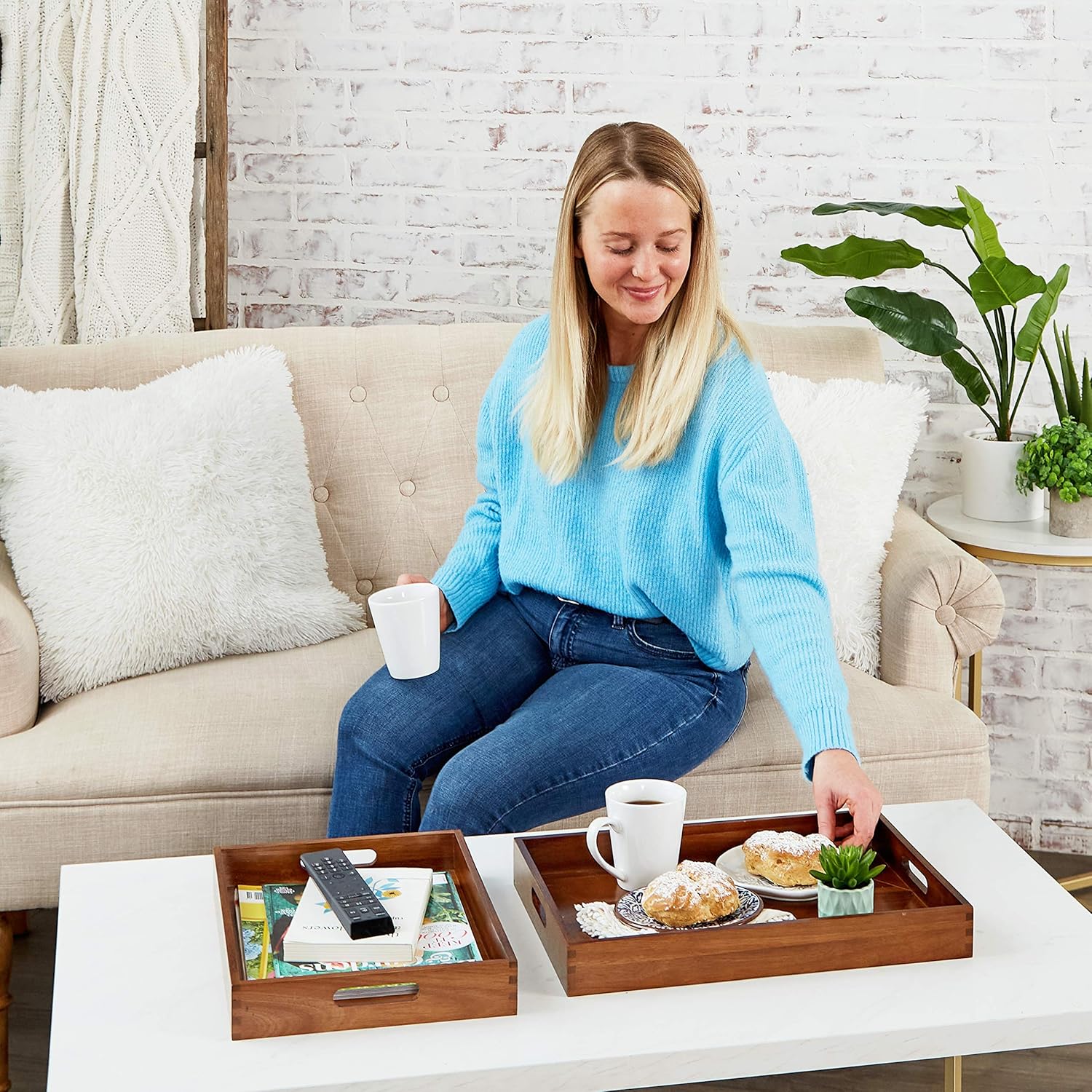 Hоt Dеаlѕ Acacia Wood Serving Tray, Coffee Table Tray, Ottoman Tray, Decorative Tray, Serving Tray, Set of 2 Wooden Trays (Large & Medium) (with Handles)