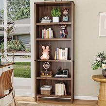 Farmhouse 5-Tier BookShelf Floor Bookcase Home Office Storage Organizer | 71" Tall Open Display Book Shelf with Adjustable Shelves & Anti-tip Safety Kit for Bedroom Living Room, Walnut