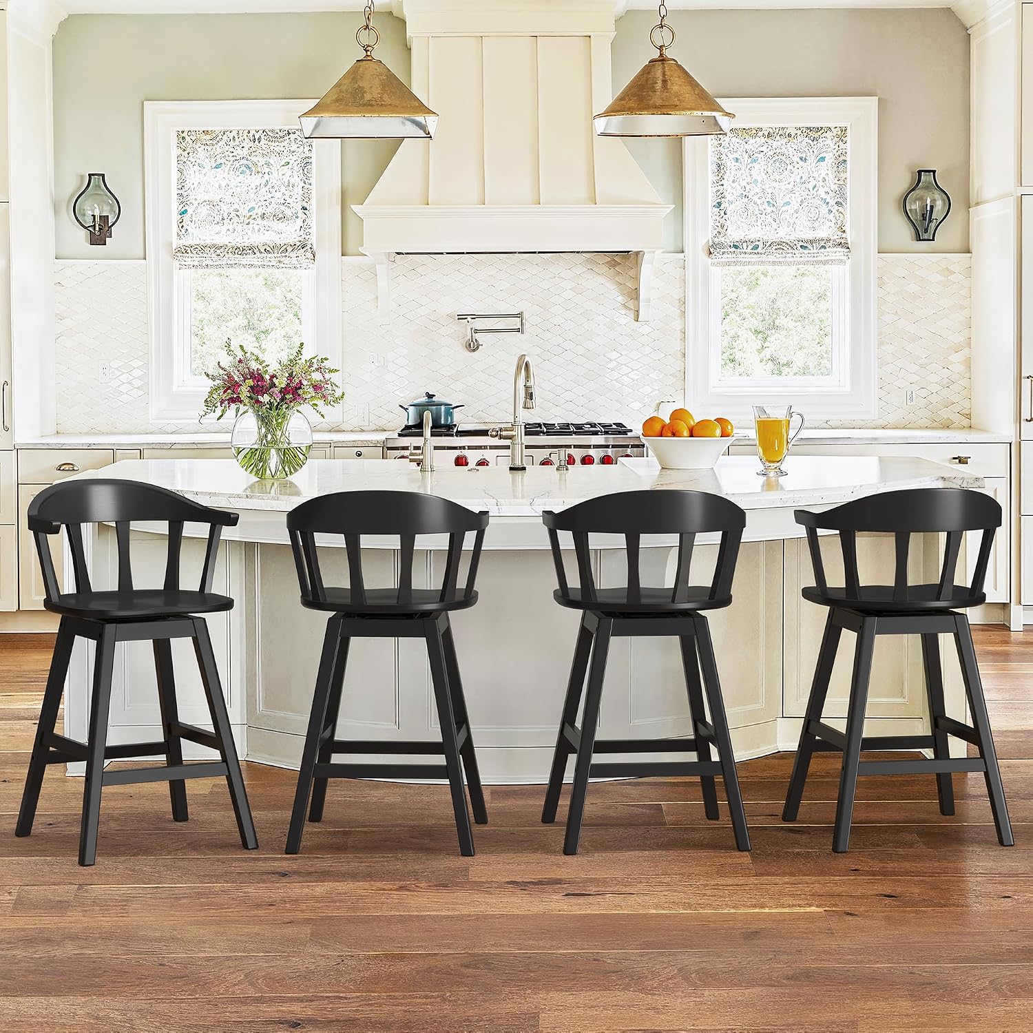 LUE BONA Wooden Swivel Bar Stools Set of 2, Windsor Black Barstools with Semicircular Backrest, Farmhouse Counter Stools, Mid Century Counter Height Bar Stools for Kitchen Island