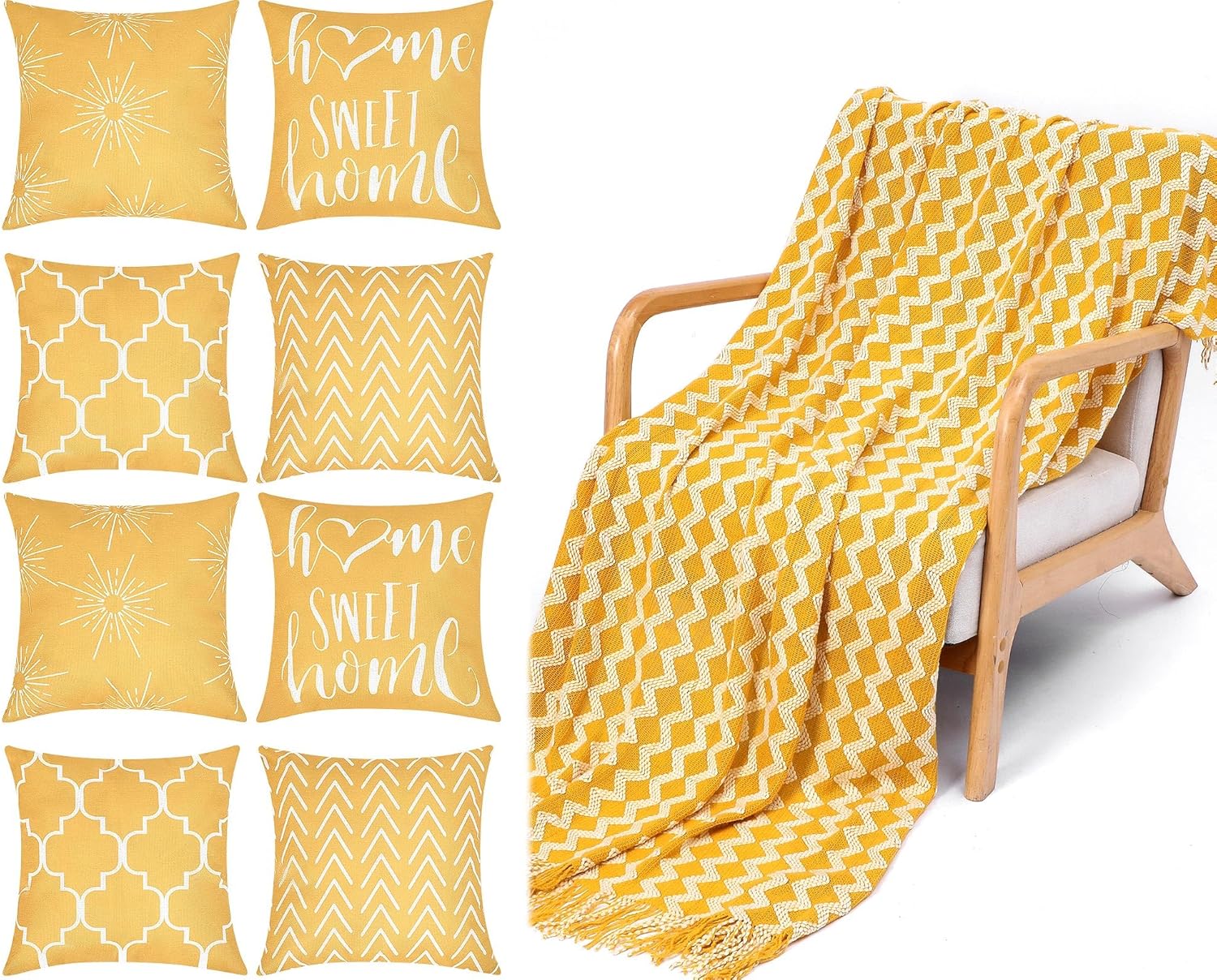 Mixweer Pillow Covers 18x18 Set of 9 Including 1 Cotton Muslin Throw Blanket and 8 Pcs Pillow Covers Decorative Square Throw Pillow Covers for Living Room Bedroom Sofa Couch(Yellow)