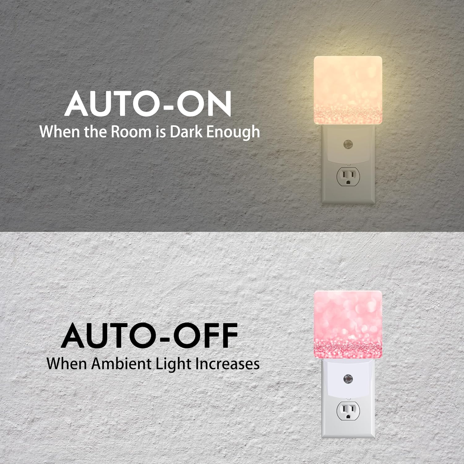 Pink Glitter Night Light,Plug into Wall with Dusk to Dawn Light Sensors,LED Nightlights for Bedroom,Bathroom,Kitchen,Hallway,Room Decor for Boys Girls Women Men
