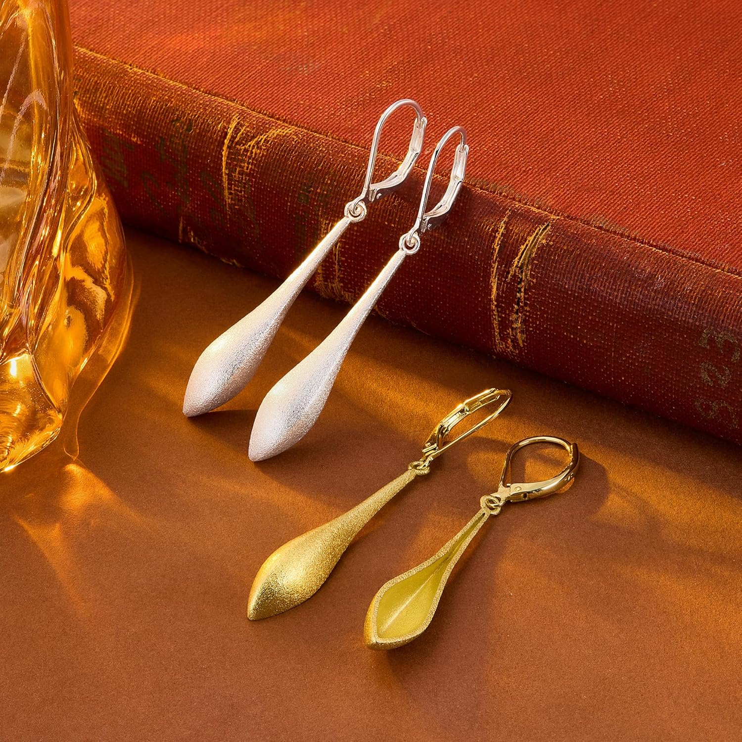 925 Sterling Silver Earrings Hypoallergenic Leverback 14K Gold Plated Dangle Teardrop Earrings for Women, ALEXCRAFT Brushed Matte Silver Teardrop Earring Long Drop Dangling Dangly Earings - Image 2