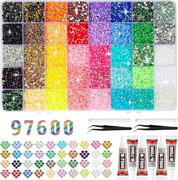 97600Pcs Resin Jelly Rhinestones for Bedazzling, 40 Colors 3mm Multicolor Flatback Gems for Nail Art, DIY Bedazzler Kit with 6pcs 10ml B7000 Jewelry Glue for Diamond Art, Crafting, Shoes and Book