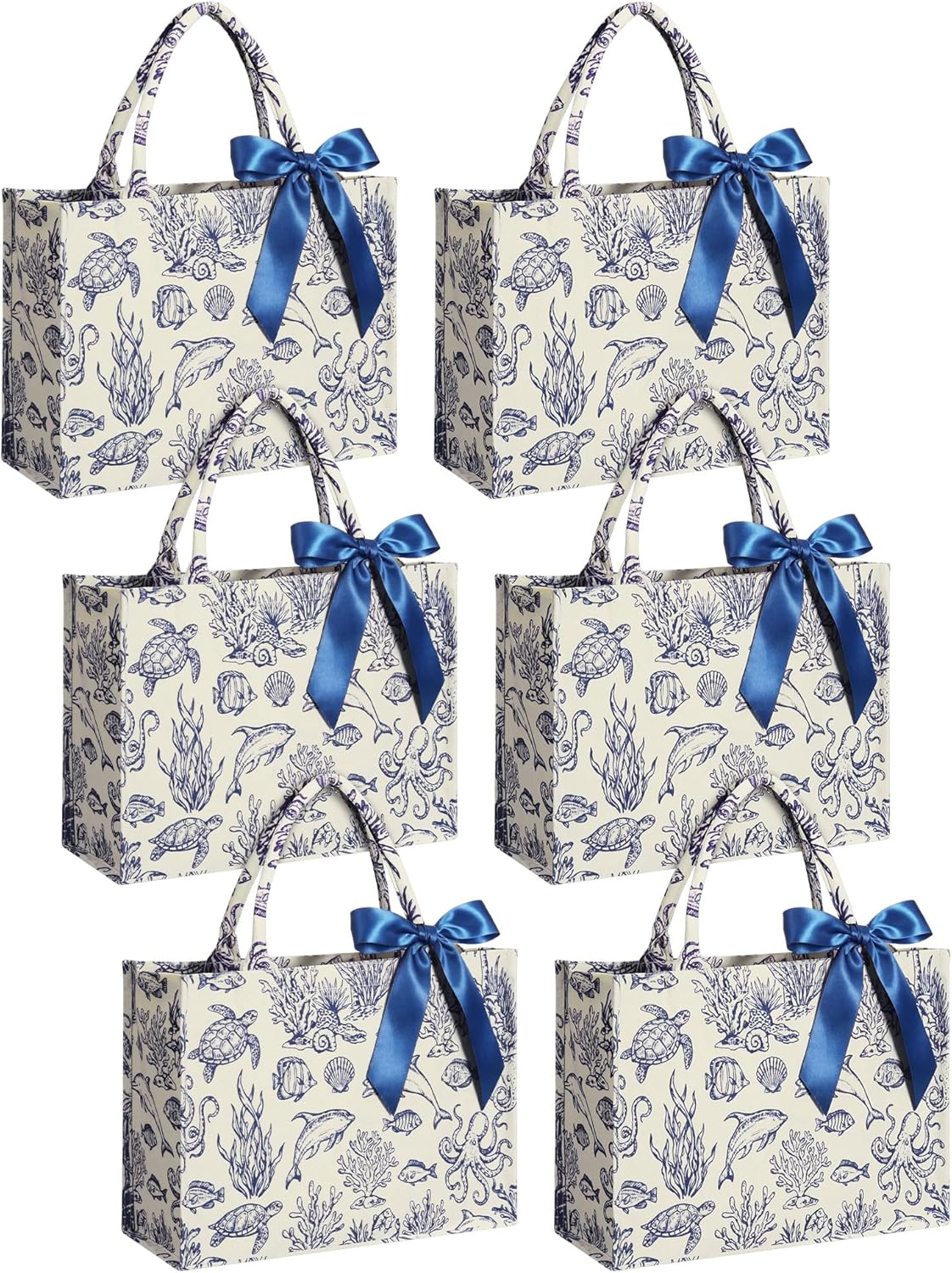 Sanwuta 6 Pack Large Coast Beach Tote Bags with Blue Bow 15.7 x 11.8 in Seashell Reusable Canvas Beach Bags for Last Toast on The Coast Summer Ocean Bachelorette Party