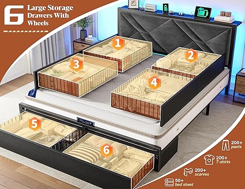 Miniatura 3 de EnHomee Base de cama Queen con 6 cajones de almacenamiento y luces LED, marco de cama tamaño Queen con cabecera tapizada y estación de carga, sin