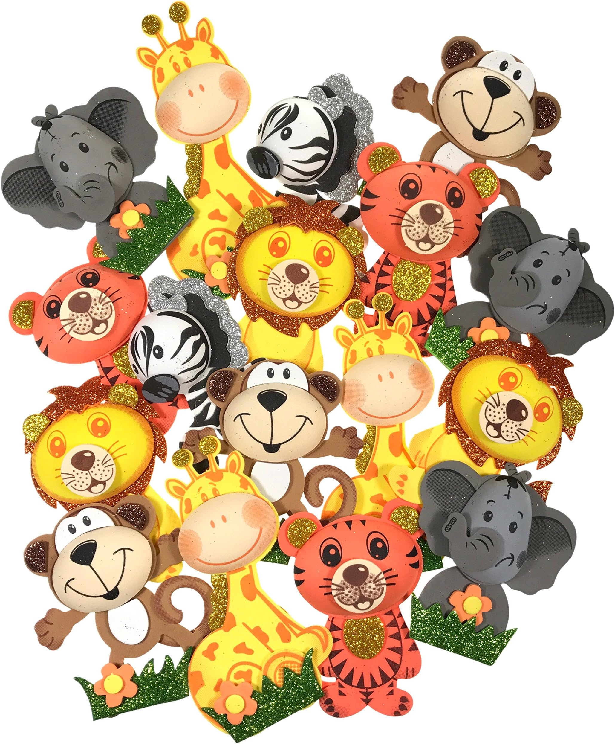 18 Safari Jungle Zoo Animals Small (4.5" Tall), Foam Cutouts for Baby Shower, Theme Birthday Party Decoration for Boys and Girls,Diaper cake decor– Wood sticks included