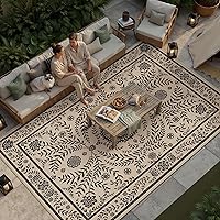 HUGEAR 8x10 Vintage Jute Look Outdoor Rug - Washable, Stain Resistant, Non-Slip Indoor/Outdoor Area Rug for Patio Deck Living Room (Floral Black)