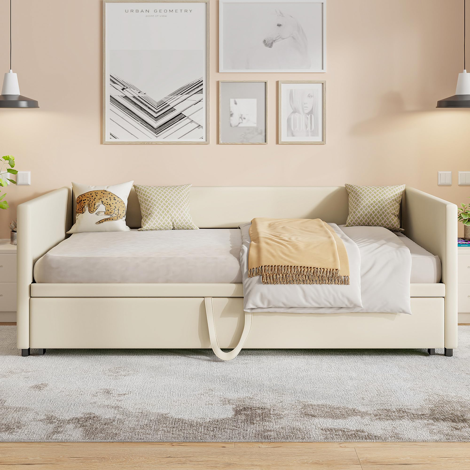 Sofá cama 90/180 x 200 cm, cama nido a la misma altura, cama con cama nido, sofá cama doble con somier, terciopelo (Beige, 90/180 x 200 cm)