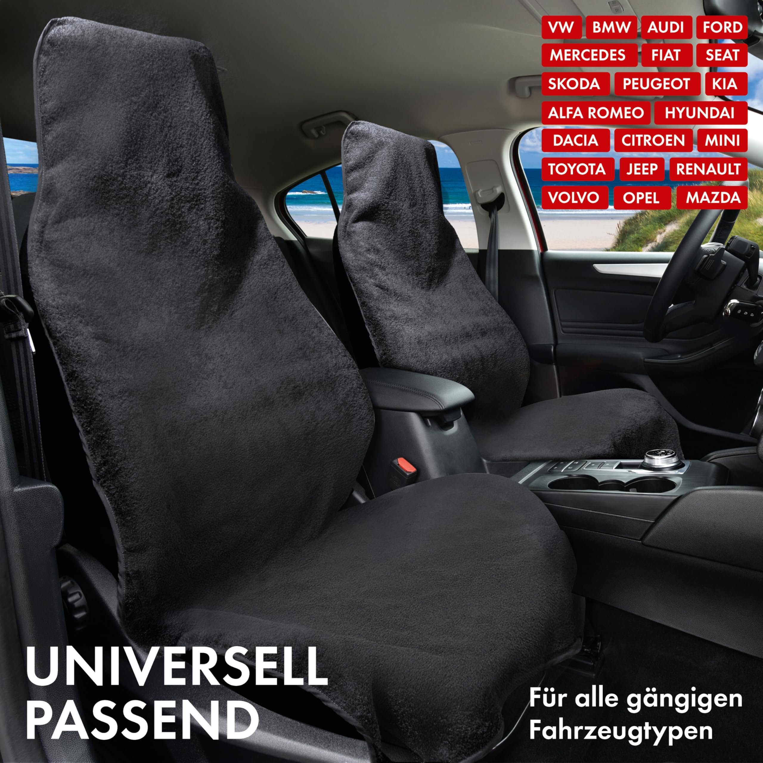 Walser Auto Sitzauflage Vordersitz aus Frottee, 2er Set Sitzaufleger, waschbarer Sitzschoner Auto, Universal Auto-Sitzauflage, Autositz-Überwurf, Schonbezug Autositz vorne 2 Stück schwarz