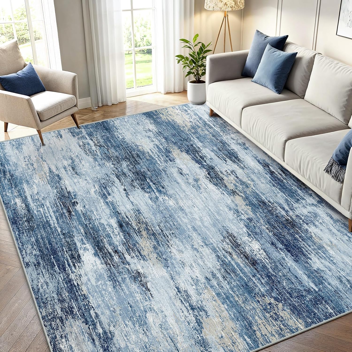 Tapis de salon bleu marron 100x160 cm rectangulaire pour cuisine et bureau