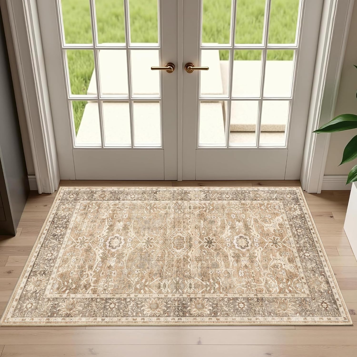 2x3 Entryway Rug Beige Washable Vintage Rugs for Entryway Kitchen Low Pile Non-Slip Door Mat Traditional Distressed Small Throw Area Rugs for Kitchen Entrance Bathroom Beige - Image 2