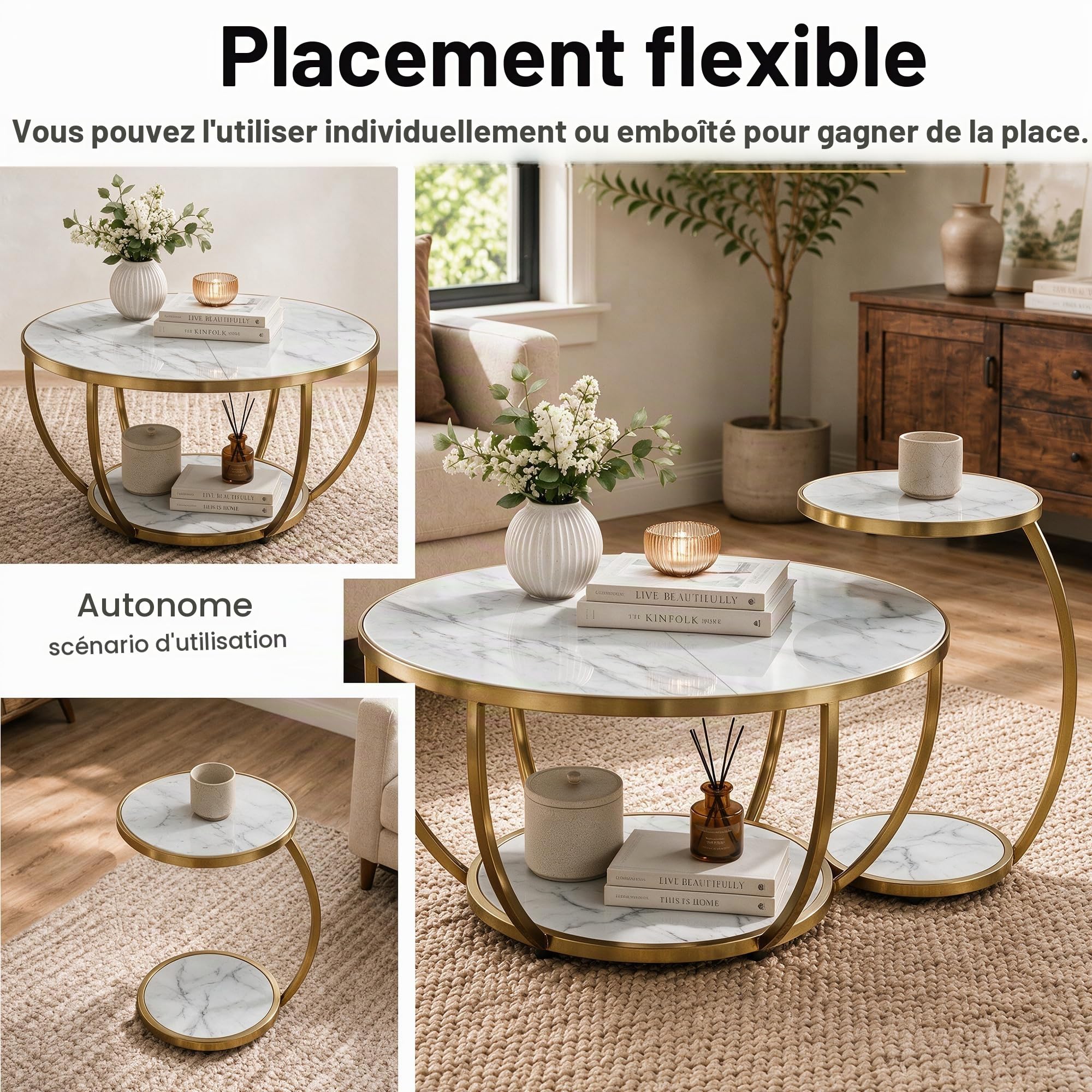 Ensemble de 2 Table Basse Ronde avec étagères de Rangement, Table Centrale Moderne en Bois de 80 cm + 40 cm pour Salons et aux Bureaux (Blanc)
