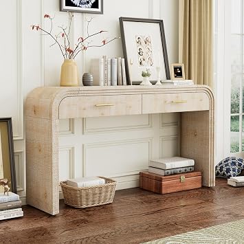 59 Retro Silhouette Console Table with 2 Drawer, Round Curved Side Table with Gold Metal Handle for Entrance, Dinning Room, Living Room Natural Wood Wash-12