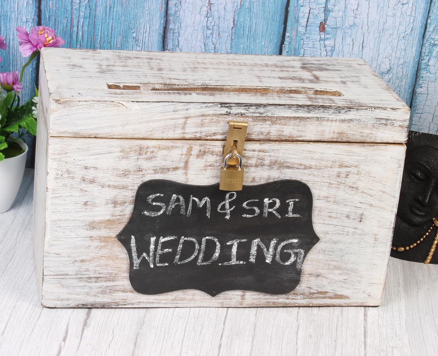 Wooden Decorative Wedding Card Box with Chalkboard & Card Slit including Lock 13X9X7.2- Gift Wishing Well Card Box for Weddings Party Cards Receptions Birthdays Graduations Honeymoon Baby Showers