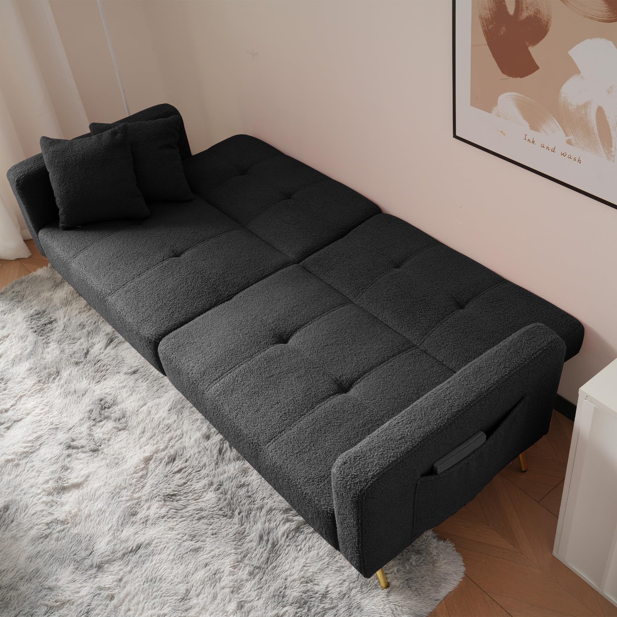Kebnor Sofá cama con función de cama, ángulo ajustable, patas doradas, con cojines y bolsillos laterales de almacenamiento (gris oscuro)