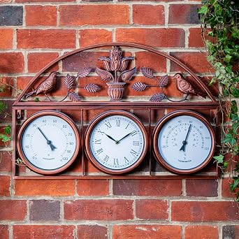 Garden Gear Wall Clock and Weather Station Copper Colour 3-in-1 Outdoor Clock Thermometer Hygrometer Floral Bird Design Weatherproof