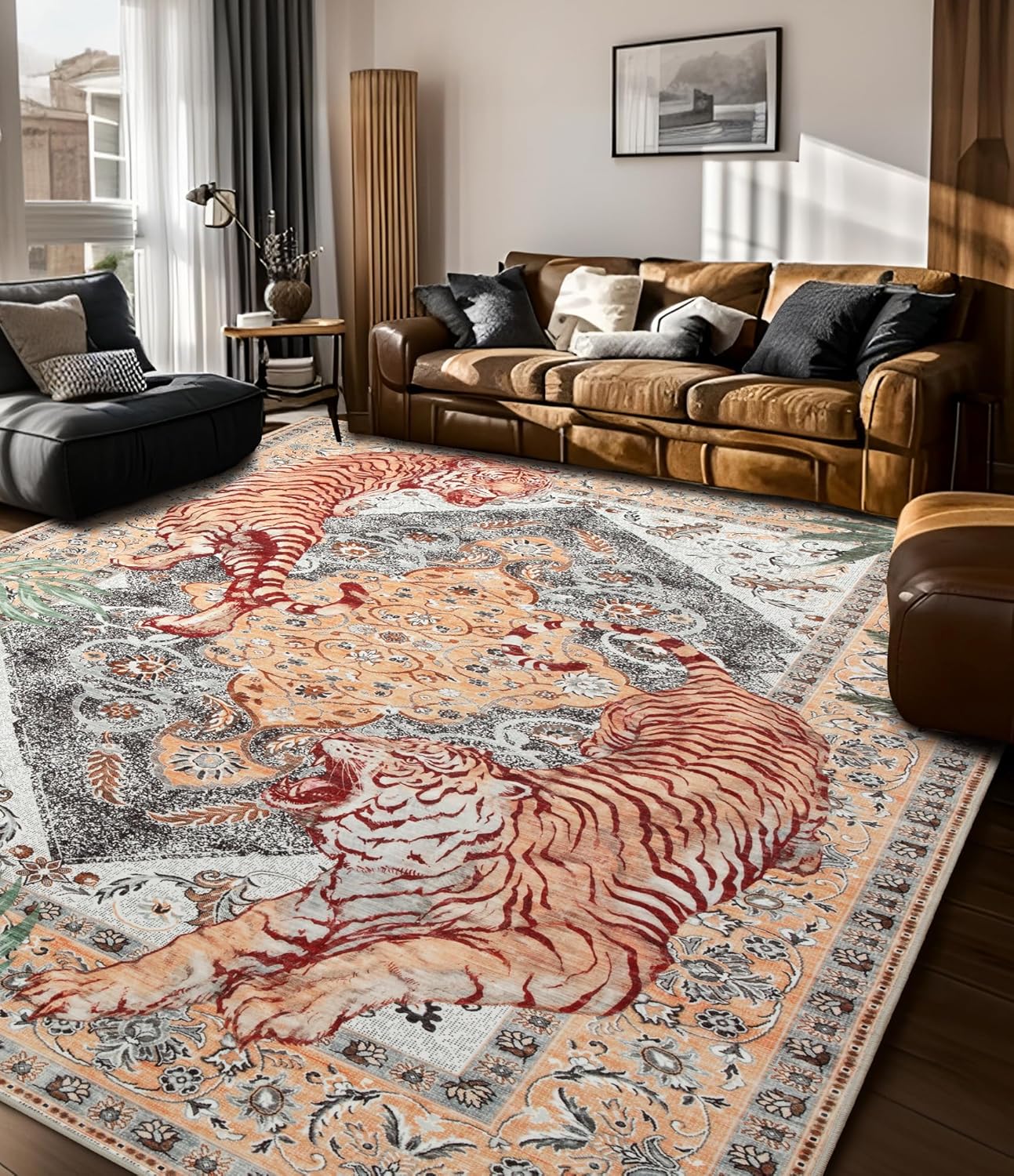 chakme Tiger Area Rug 8x10 Vintage Boho Area Rug for Living Room Soft Non Slip Washable Rug Stain Resistant Indoor Botanical Animal Carpet for Bedroom, Dining Room, Office, Coral Ivory
