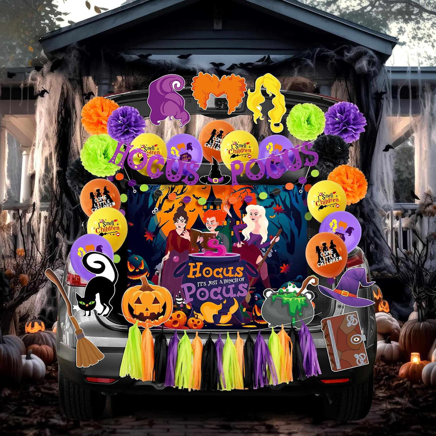 SUV用ハロウィントランクまたはトリートカーデコレーションキット - Hocus Pocus 魔女 姉妹 背景幕 バナー バルーン