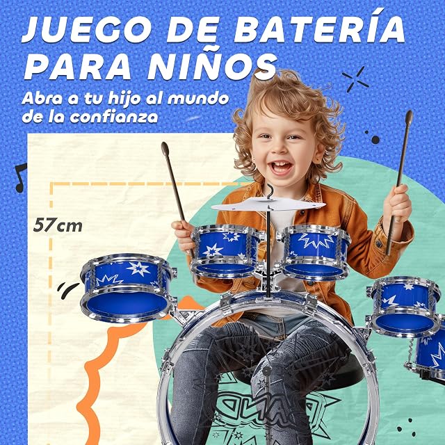 Foto 3 de 8 de AIYAPLAY Batería Infantil con Taburete Niños +3 Años 65x22x57 cm Azul