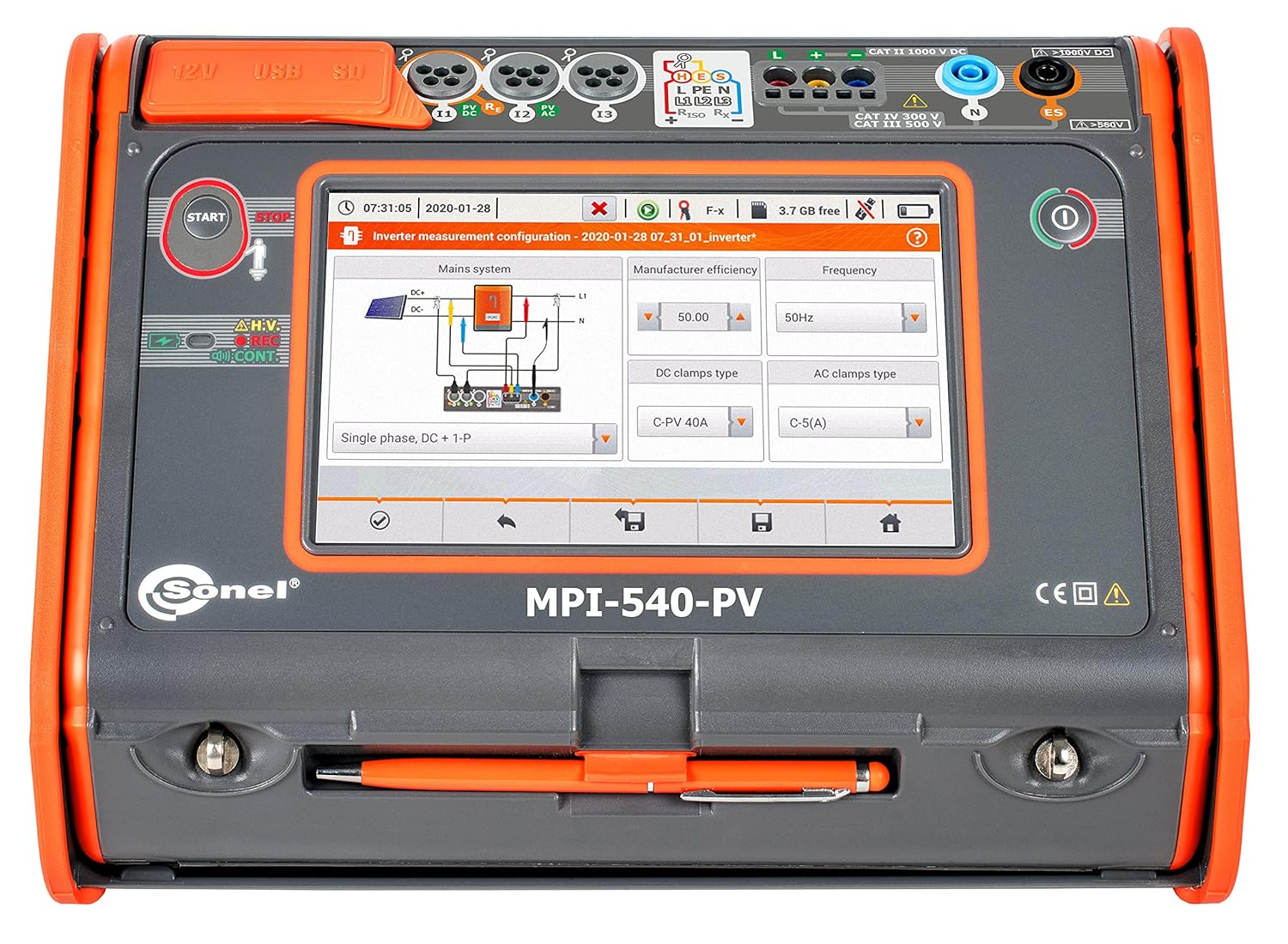 Front view of the Sonel MPI-540-PV Solar Installation Tester with its touchscreen display showing measurement settings