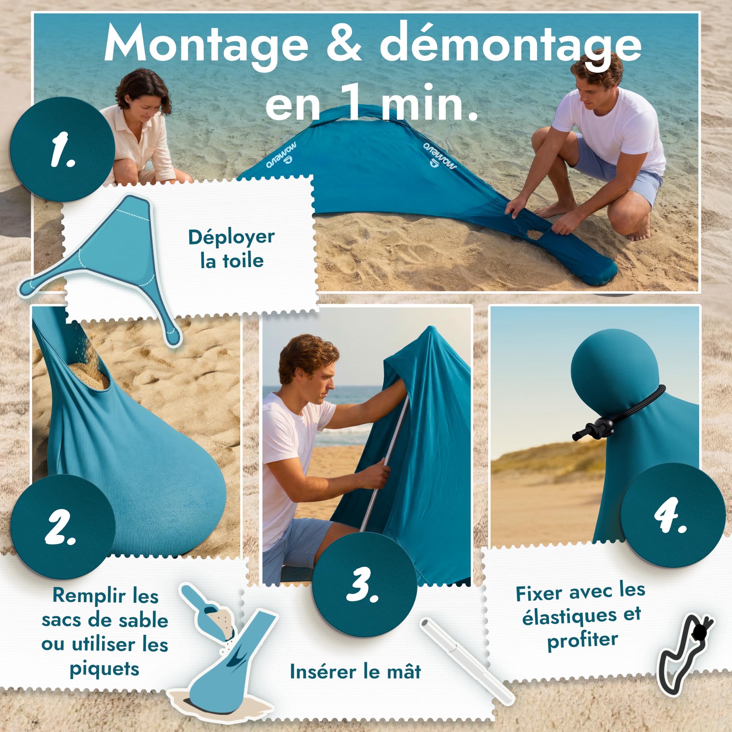 Tente de Plage avec Voile d’ombrage UPF50+, 2 Barres, Bleu Pétrole | Anti-Vent, Abri de plage léger avec voile d’ombrage, stable au vent et nouvelle génération