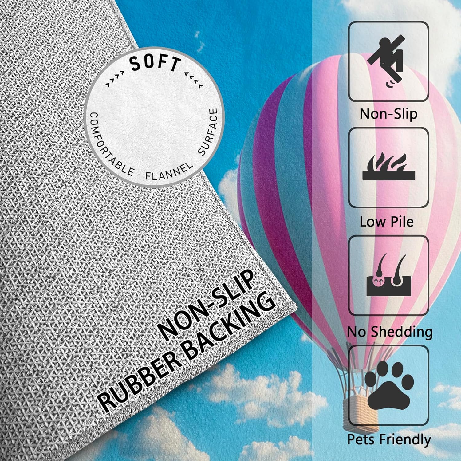 Hot Air Balloon Rug - Hot Air Balloon Rugs for Classroom, 2x3 ft Washable Non-Slip Stain Resistant Blue Sky Area Rug, Balloon Carpet for Entryway, Kitchen, Hot Air Balloon Home Decor & Gifts