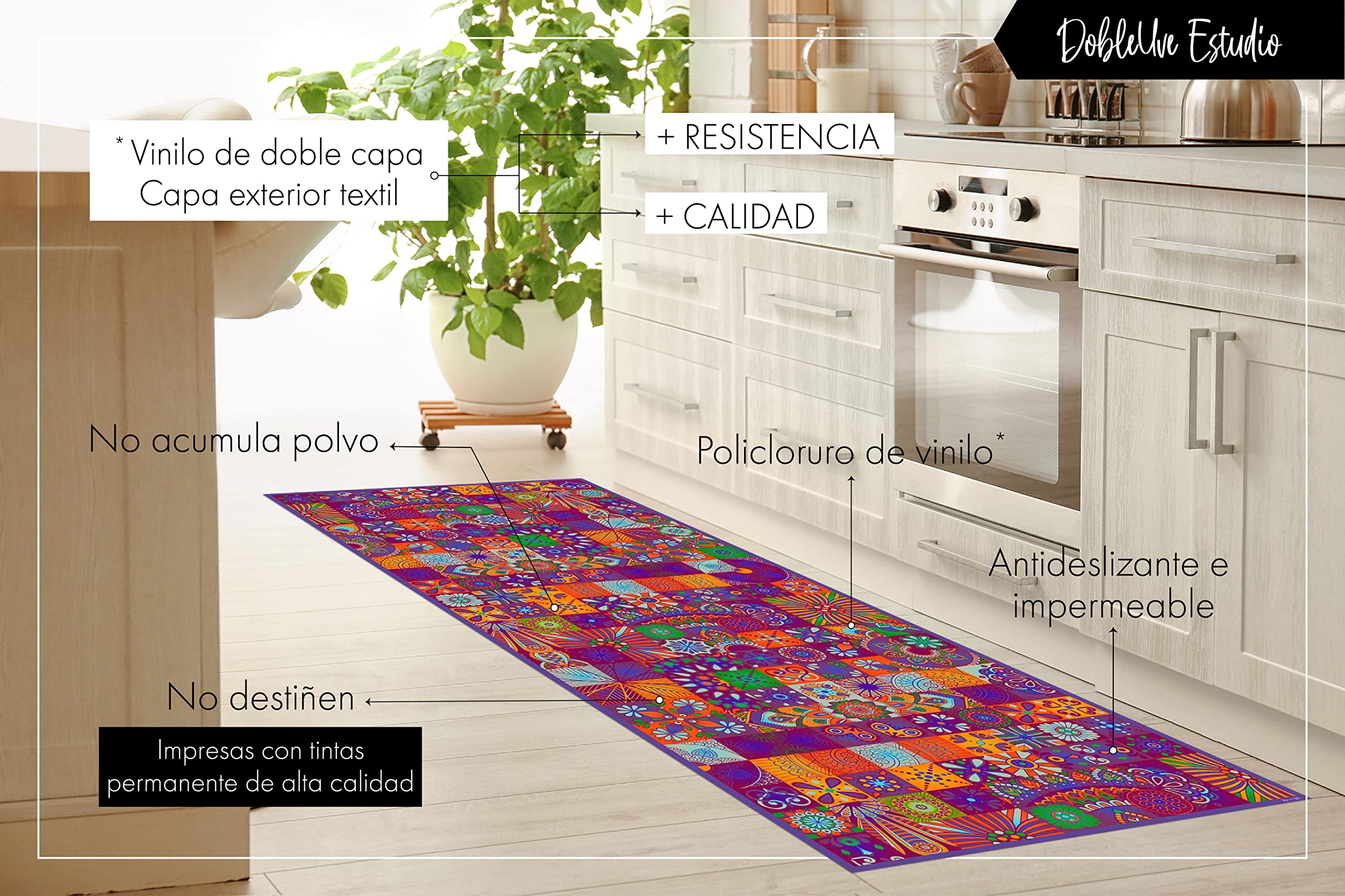 DobleUve Estudio Tapis Vinyle 1 | Violet | 65x140 cm | Tapis Cuisine | Tapis de Salon Antidérapant Antifongique Ignifuge | Tapis Enfants | Tapis Bain PVC | Tapis PVC