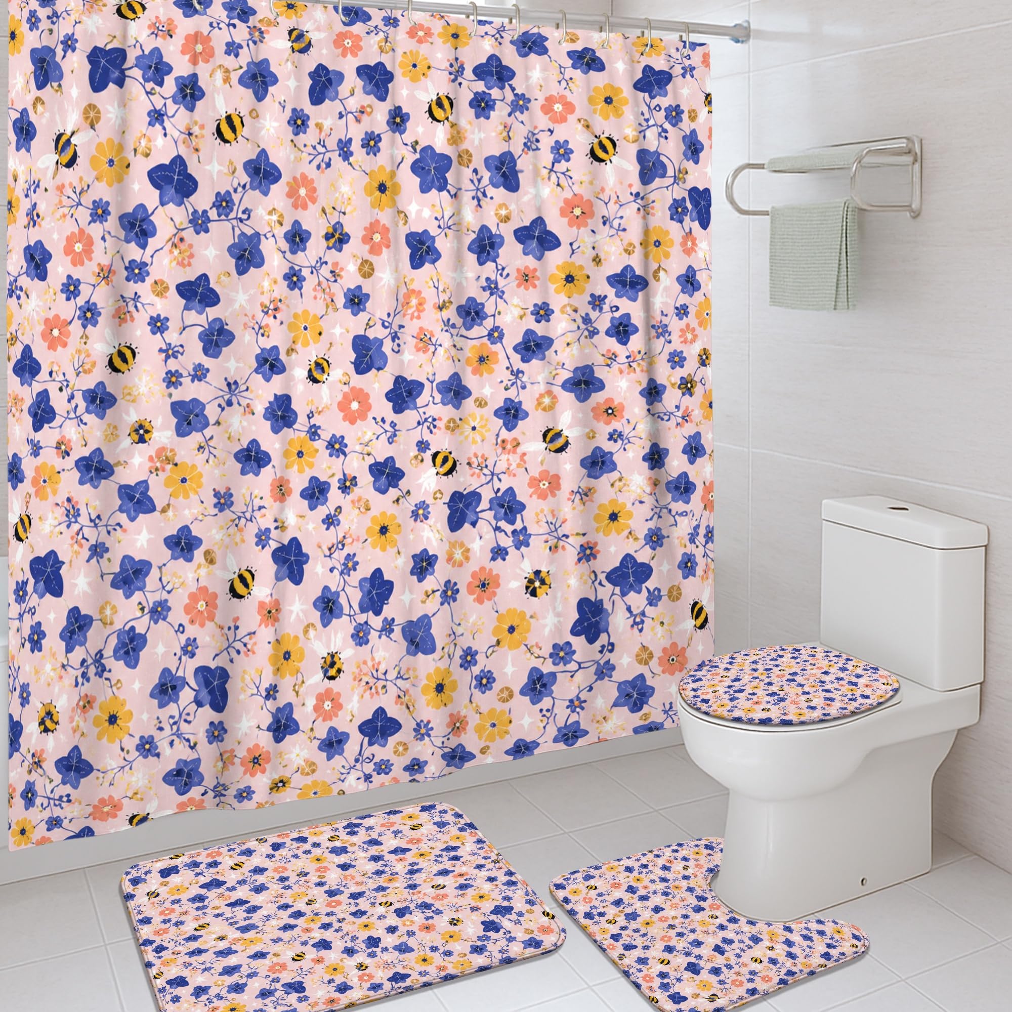 Rideau de douche 183 x 183 cm grand format lavable avec motif vigne et abeille