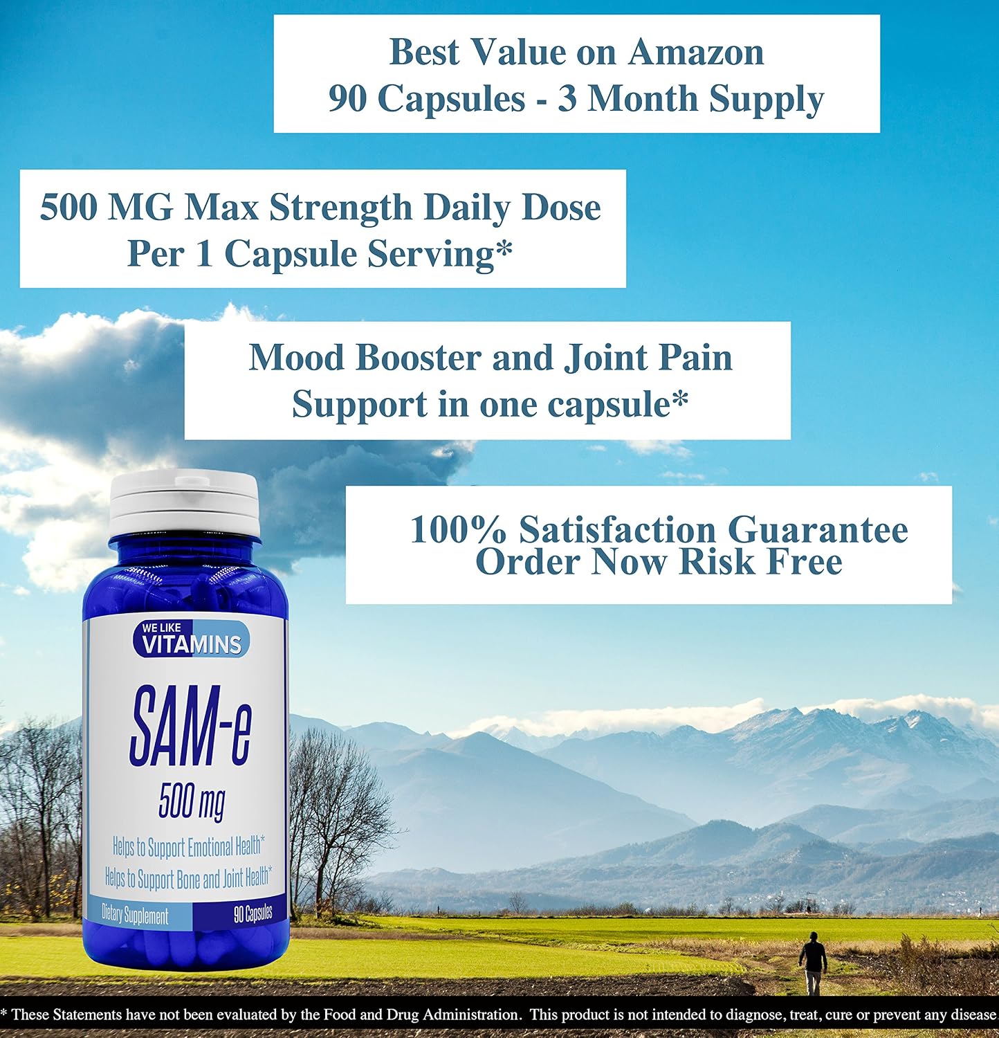 SAM-e 500mg 90 Capsules (Non GMO & Gluten Free) Mood and Joint Support in one Capsule Choose SAM e (S-Adenosyl Methionine) Supplement - Max Strength Sam -e Pills